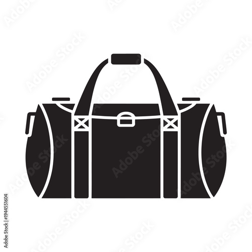 A simple black silhouette of a duffel bag with handles and straps