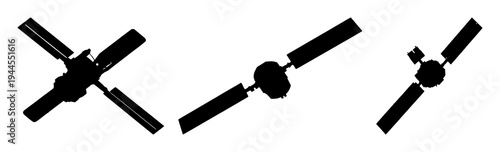 Orbital satellite set with solid black silhouette and solar wings featuring deep space, space exploration, and technology with a white background and science fiction theme