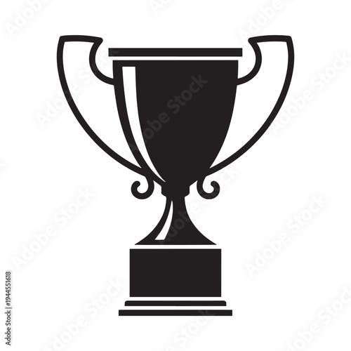 A simple black and white illustration of a classic trophy with handles