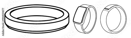 Smart ring set with minimalist line art design featuring wearable technology, health tracker, tech accessories with futuristic style and sleek electronics