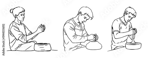 Sculptor set with continuous line drawing of a person sculpting clay featuring hand, wrist, sculpture with minimalist style and black stroke
