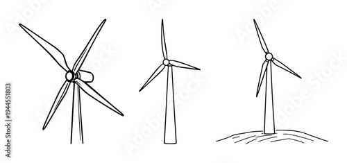Wind Turbine set with stylized geometric lines featuring clean energy, renewable power, green technology with environmental and electricity