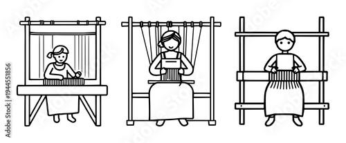 Weaver's loom pictogram set with minimalist design featuring person, loom, textile craft symbol with bold lines and white background