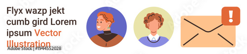 Social media, messaging, notifications, email, communication, user profiles. Two user avatars and an email envelope with an alert icon. Social media and messaging concept for communication