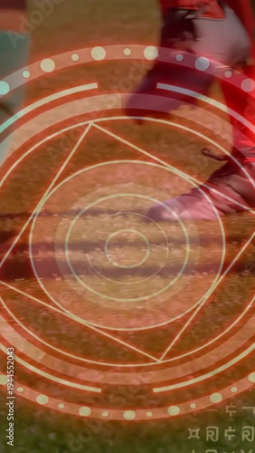 Foot touching soccer ball causing players' cleats and socks contesting ball on pitch, HUD overlay