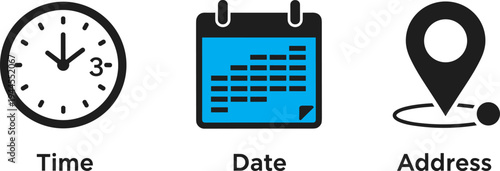 Time, date and address line icon set including clock, calendar and location pin simple schedule and navigation symbols