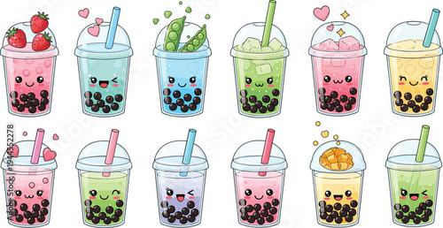 Cute kawaii bubble tea drinks collection with fruit milk tea flavors tapioca pearls and smiling cartoon cups vector illustration set