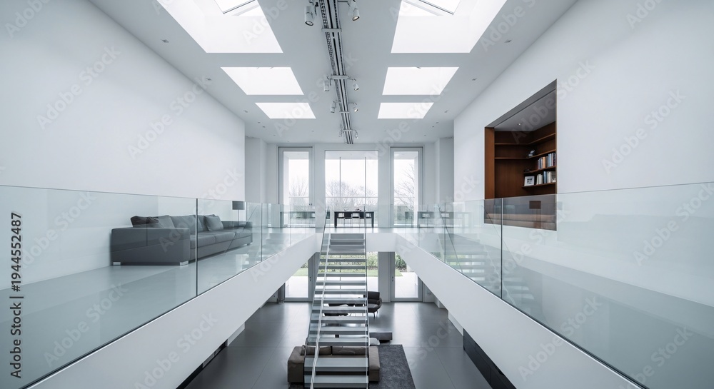 Fototapeta premium Modern interior design of a sleek office building with glass railings and white walls.