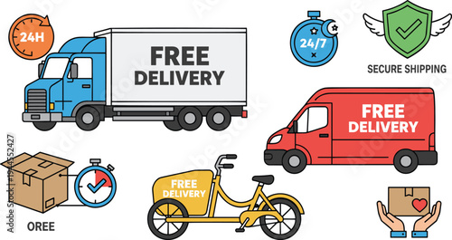 Logistics and free delivery service vector collection featuring shipping trucks cargo bike boxes and secure shipping icons for e-commerce.