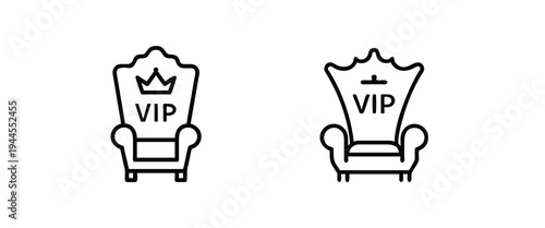 VIP chair and luxury seat outline icon featuring premium king throne, executive furniture with crown symbol, exclusive membership ranking more vector illustration or editable stroke.