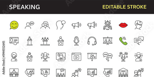 Speaking and communication editable stroke icon set including conversation, presentation, microphone, phone, podcast, lecture, speech and dialogue symbols