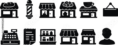 Small business and shop icon set with storefronts, bakery, cafe, barber pole, cash register and receipt symbols, retail store silhouettes isolated on white background