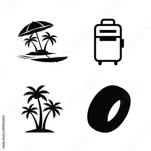 Black Silhouettes of Palm Trees and Travel island umbrella boat suitcase