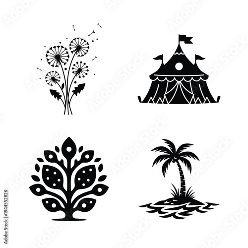Black Silhouette Icon Set with Dandelion Palm Tree and Circus Tent