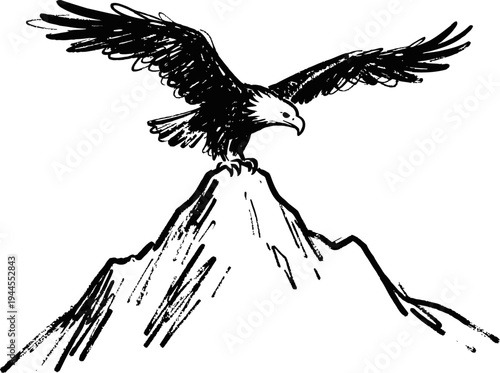 Eagle spreading wings standing on mountain peak, majestic bird symbol of strength and freedom
