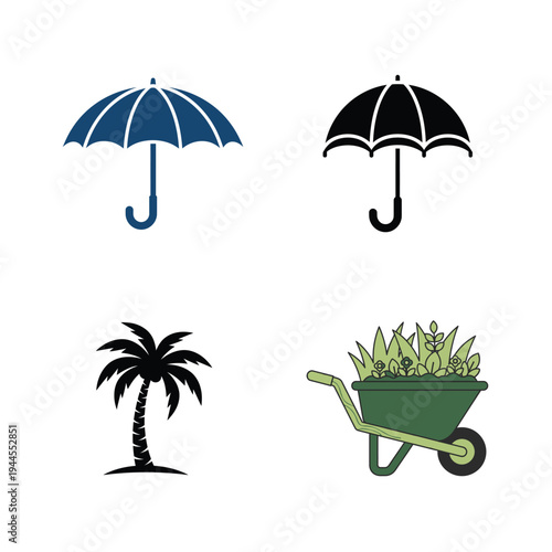 Blue and black umbrellas and palm tree blue umbrella wheelbarrow white background