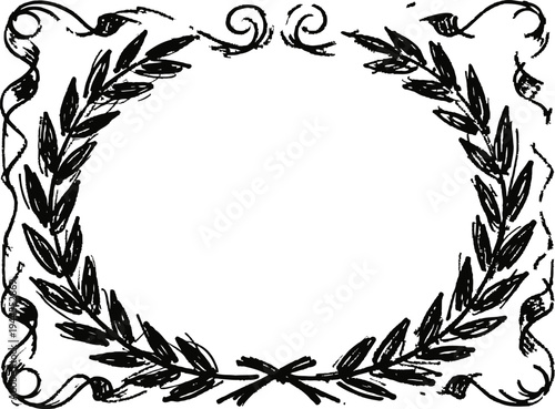 Vintage laurel wreath frame with decorative swirls in black ink hand drawn