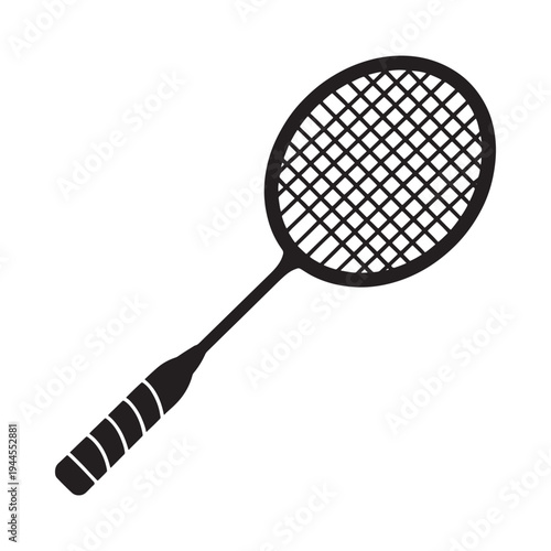 A simple black and white illustration of a badminton racket