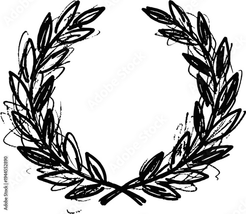 Hand drawn laurel wreath illustration vintage black ink crown of leaves decorative botanical frame design element