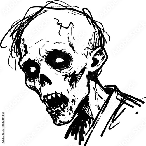 illustration of a scary zombie with empty eye sockets and decaying features, detailed black ink sketch