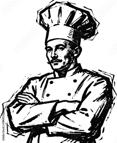 Vintage chef illustration in traditional uniform with hat and crossed arms cooking concept drawing