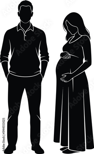 Black silhouette of a young man and a pregnant woman standing together, isolated on a white background for maternity and family. (21 words)