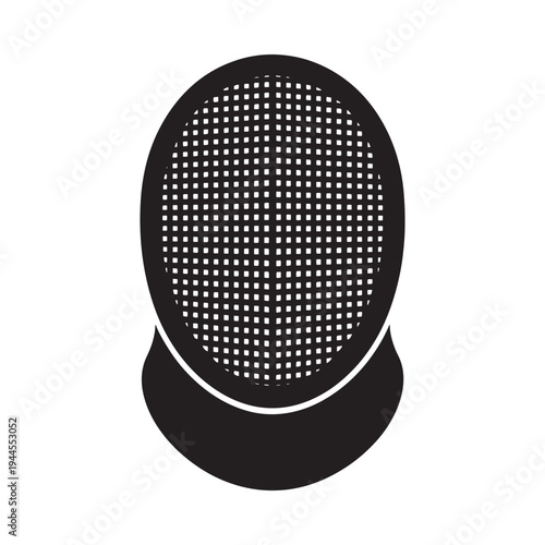 A black and white illustration of a fencing mask viewed from the front