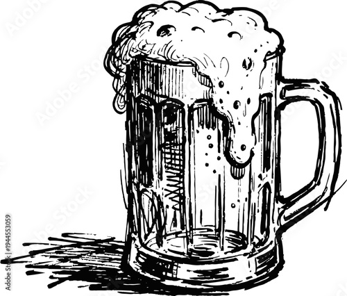 Hand drawn beer mug with frothy foam overflowing, vintage ink illustration of cold drink