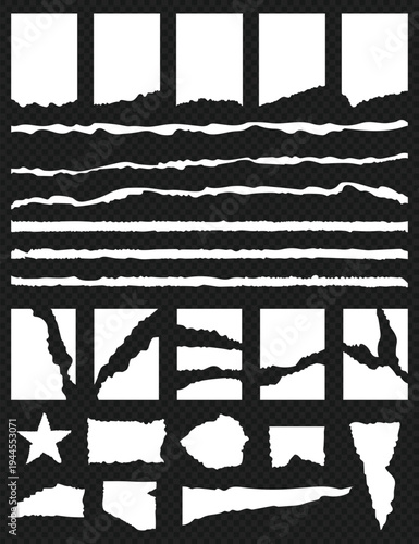 Ripped paper edges and torn paper shapes collection on transparent background | White torn paper borders and deckle edge silhouettes for collage | Set of ripped paper textures, notebook scraps