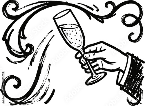 hand holding a champagne glass with sparkling bubbles and festive swirls celebration toast