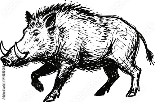 wild boar in sketch detailed black ink illustration of aggressive running animal with tusks and bristled fur
