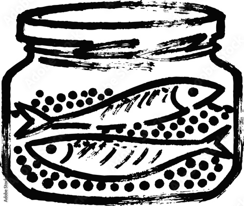 Jar with preserved fish and peppercorns traditional canned seafood illustration