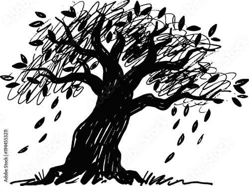 abstract black ink drawing of a large tree with sparse leaves and thick trunk on white background