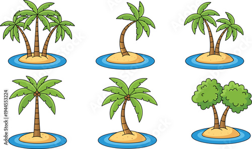 Cartoon tropical island with palm trees set vector illustration isolated beach landscape elements summer vacation paradise nature design collection