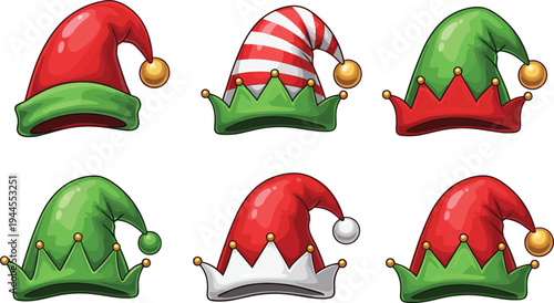 Cartoon Christmas elf hat set red and green festive holiday hats collection cute winter costume accessory vector illustration isolated