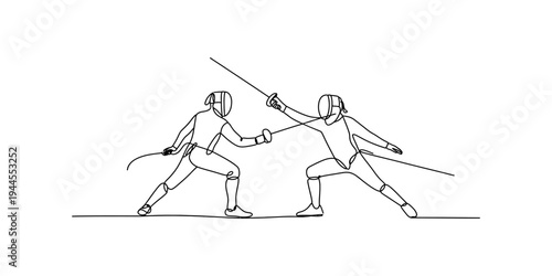 Continuous line drawing of two fencers engaged in a duel, showcasing the intensity of the sport Vector, illustration