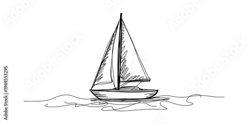 A simple hand-drawn sketch of a sailboat with sails unfurled, sailing across wavy water Vector, illustration