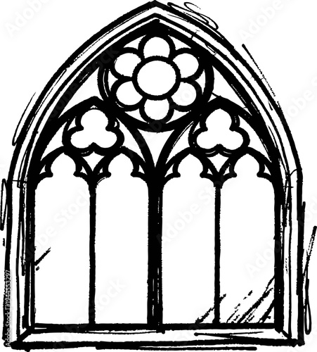 Gothic arched window with three tall arched panels and decorative circular floral tracery design