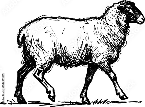 Hand drawn sheep illustration black and white sketch of a walking sheep on white background farm animal drawing