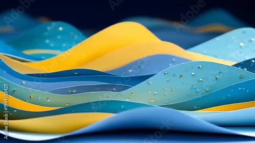 Artistic paper creations evoking water flow and mountain formation with bright blue and soft yellow palettes with sprinkles