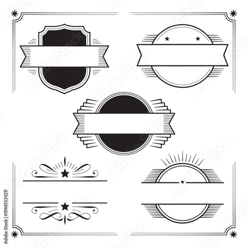 Vintage decorative borders and seals with ornate stars and banners