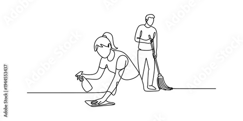 Continuous line drawing of a couple cleaning together, woman wiping floor and man sweeping Vector, illustration