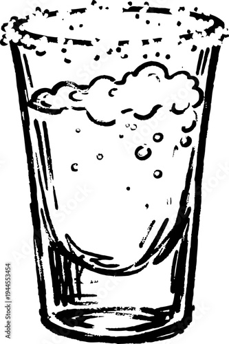 Glass of beer with foam and bubbles, beverage illustration in black and white sketch
