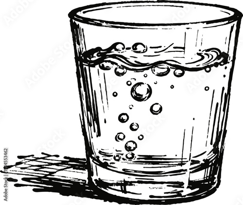 glass of sparkling water with bubbles drawn in vintage sketch