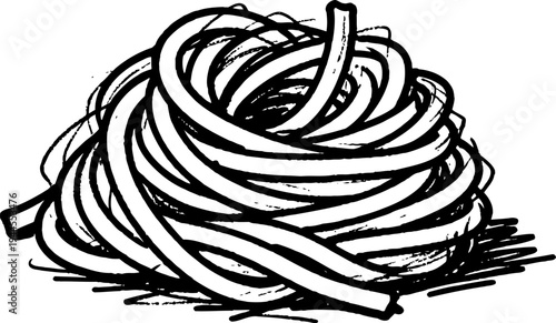 Coiled rope bundle illustration thick twisted strands looped and tangled in a pile hand drawn black and white sketch of sturdy rope