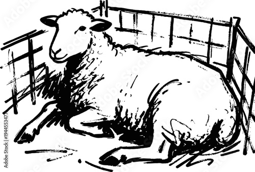 Black and white sketch of a sheep lying inside a fenced pen, farm animal illustration