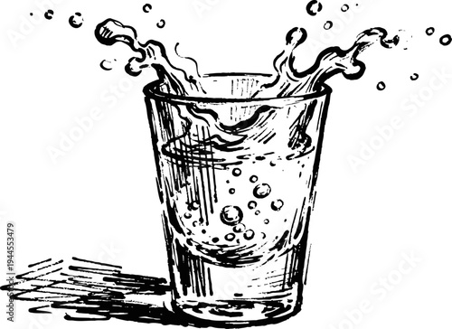 Clear water splashing inside transparent drinking glass with bubbles and reflections