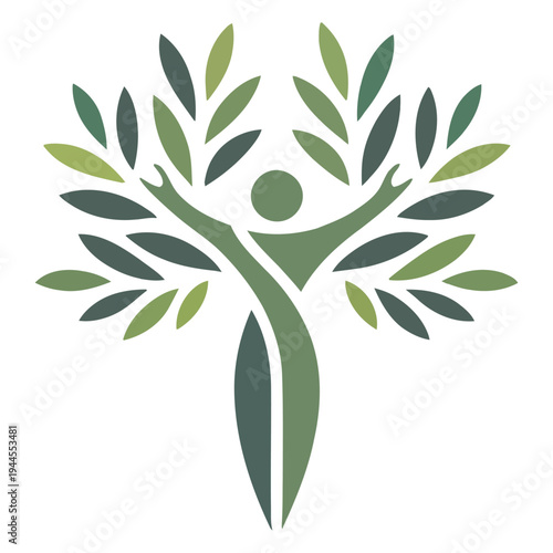 Human figure integrated with stylized tree leaves and branches forming a unified silhouette