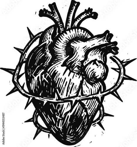 Hand drawn human heart wrapped in thorny barbed wire black and white anatomical illustration with a vintage tattoo