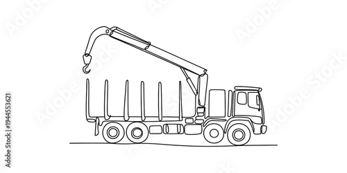 Minimalist continuous line drawing of a heavy-duty logging truck equipped with a hydraulic crane Vector, illustration